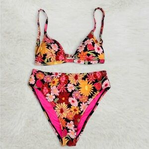 NEW Wild Fable Size Small Bikini Set Black & Pink Retro Floral High-Cut Bottoms